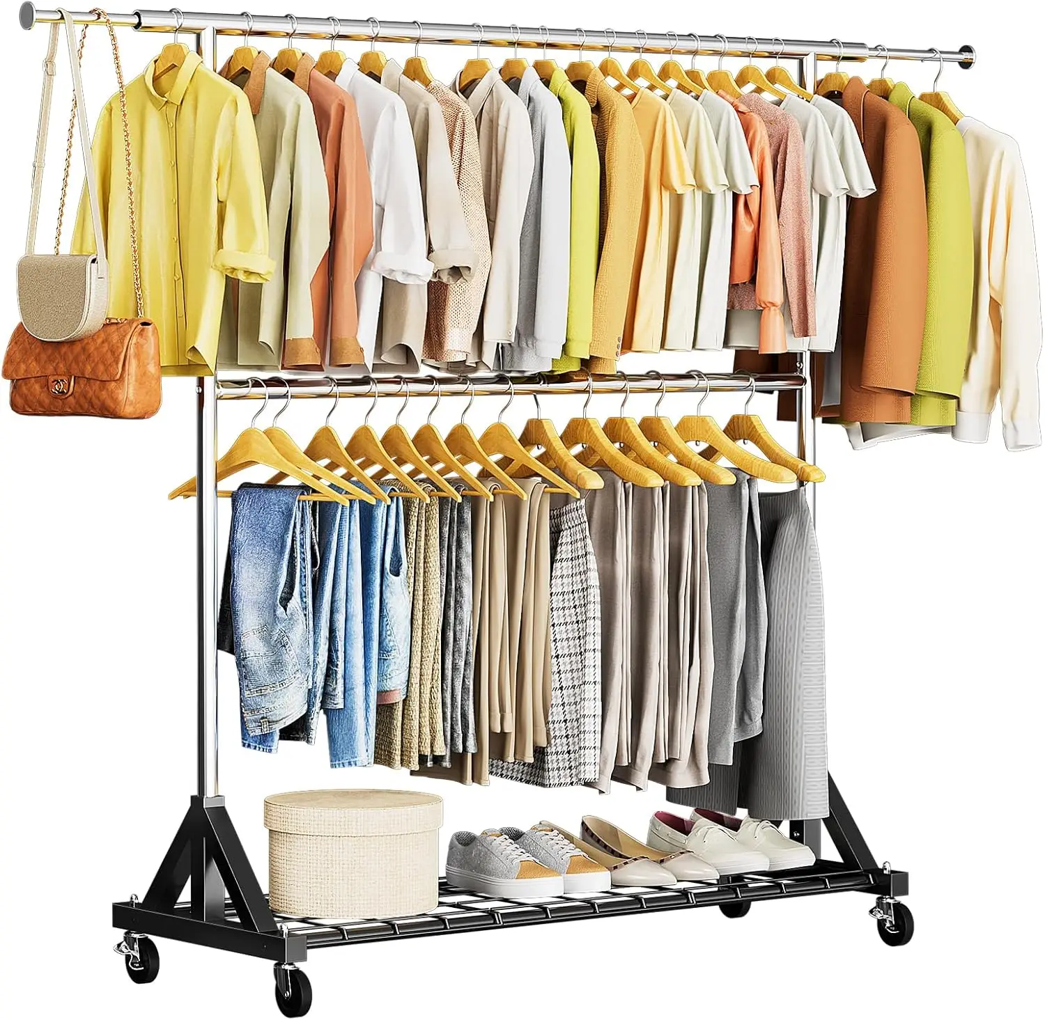 

Heavy Duty Rolling Garment Rack with Lockable Wheels, Double Rod & Shelves, Adjustable Height, 600 LBS Capacity
