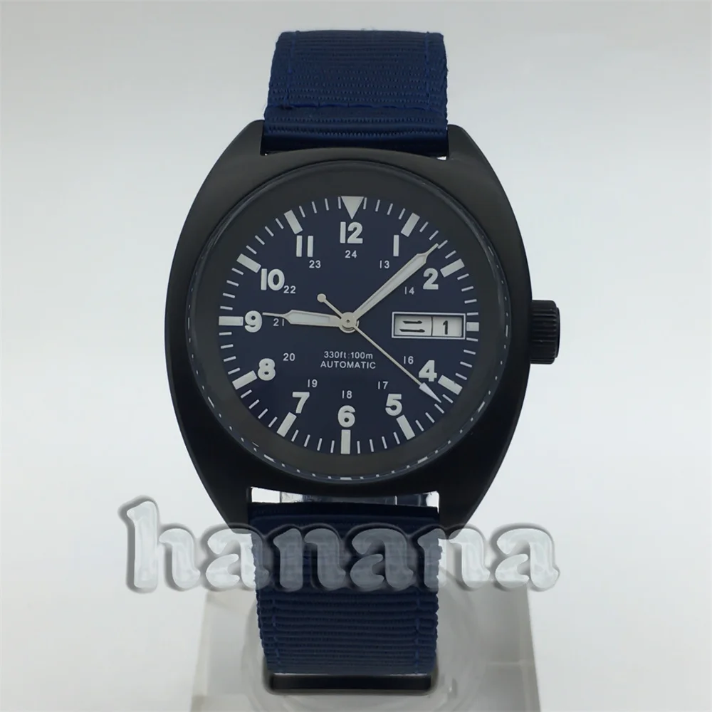 

NH36 Черные часы 36/39 мм механические наручные часы с куполообразным стеклом, синий, черный, белый циферблат C3, светящийся нейлоновый браслет