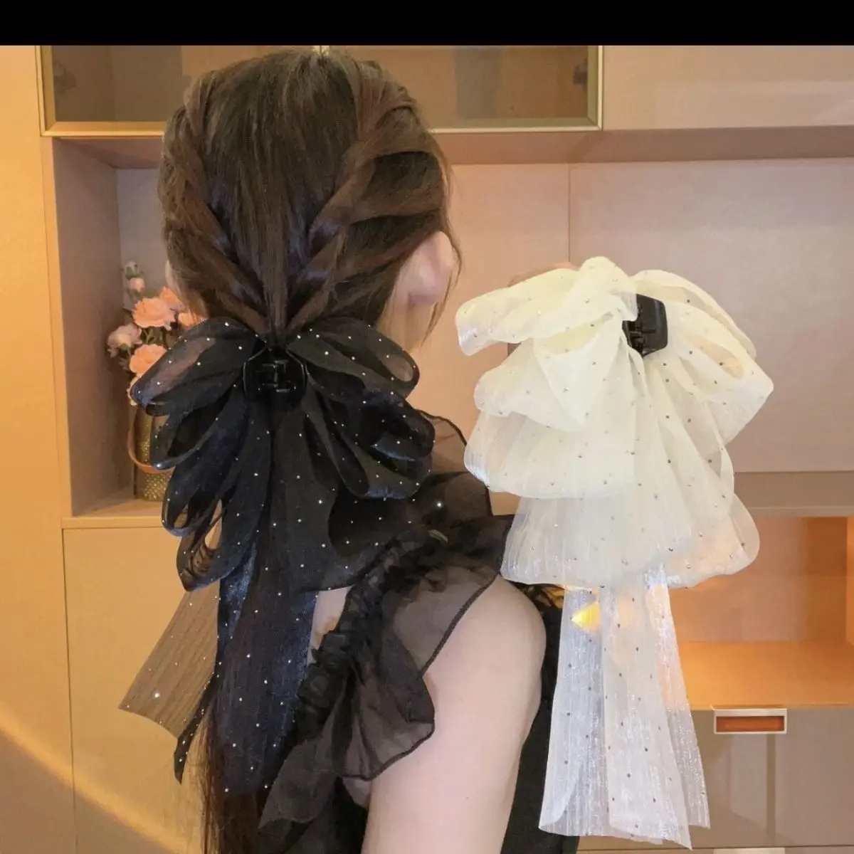 

French Romanticism Black and White Starry Sky Bow Hair Accessories Four Seasons Retro Women's Grip Clip