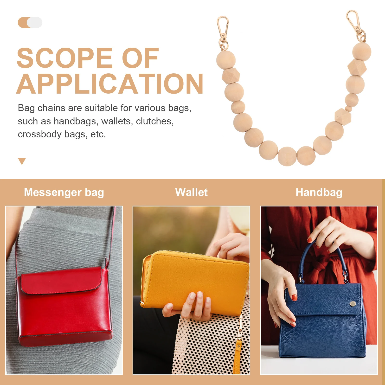나무 구슬 핸드백 체인 교체용 가방 스트랩 장식용 가방 액세서리 튼튼한 금속 커넥터 편안한 그립 휴대용