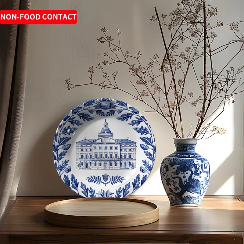 1pc Non-Food Contact Exquisite Architectural Pattern Ceramic Decorative Plate - Blue and White Porcelain Wall Art for Home,