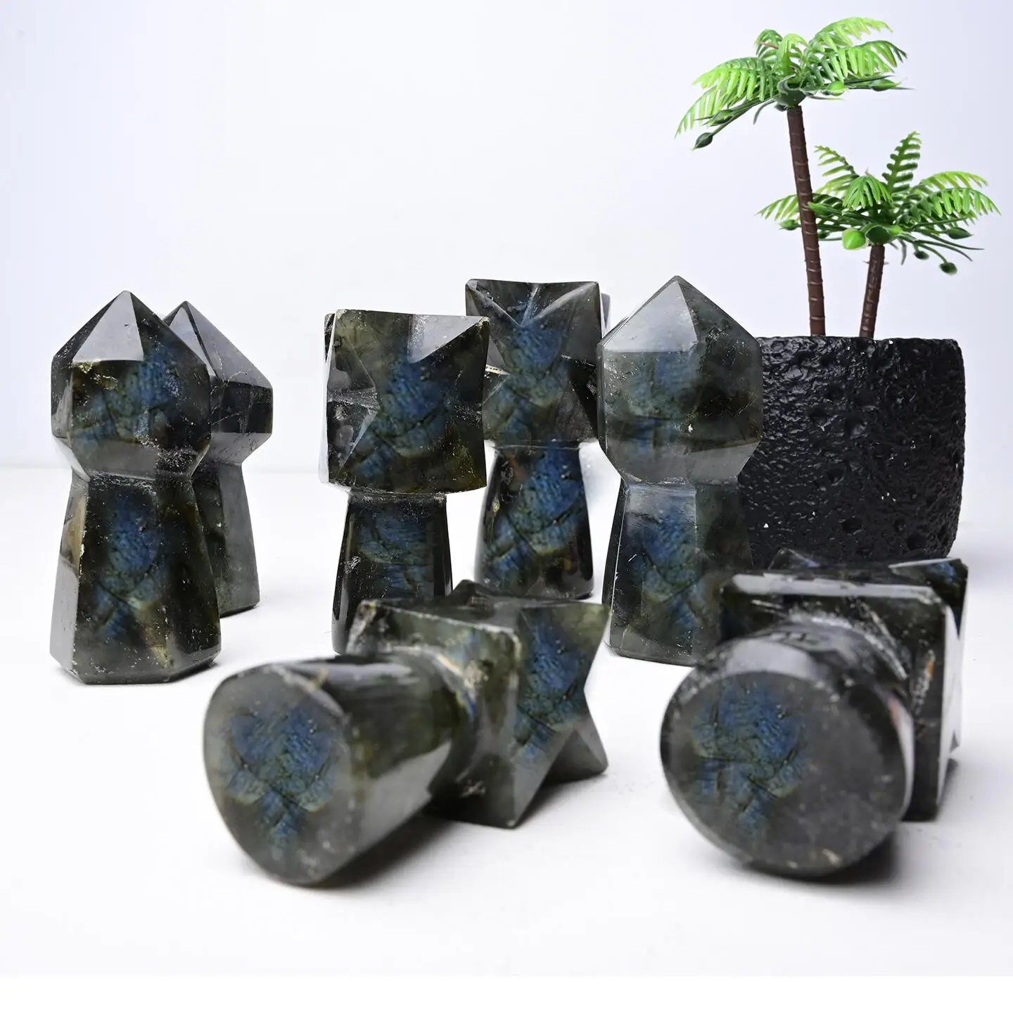 Natural Labradorite Quartz Merkaba Star Tower Crystal 5-Pointed Pyramid with Merkaba Field for Meditation Mineral Specimen Gift