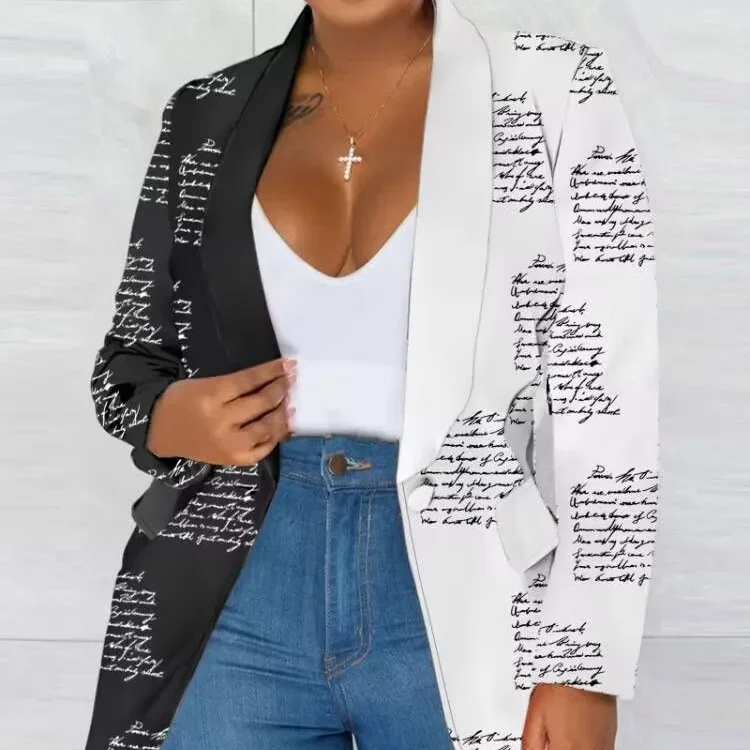 New Independent Design Retro Joker Contrast Printed Suit Jacket Fashion Women's Temperament Commuter Spring And Autumn Blac