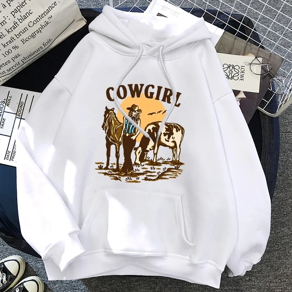Sudadera con capucha de la vaquera y su vaca y el caballo viven en el oeste para mujer, sudaderas con capucha de calle de Hip Hop, ropa con bolsillo y cuello redondo, Jersey holgado