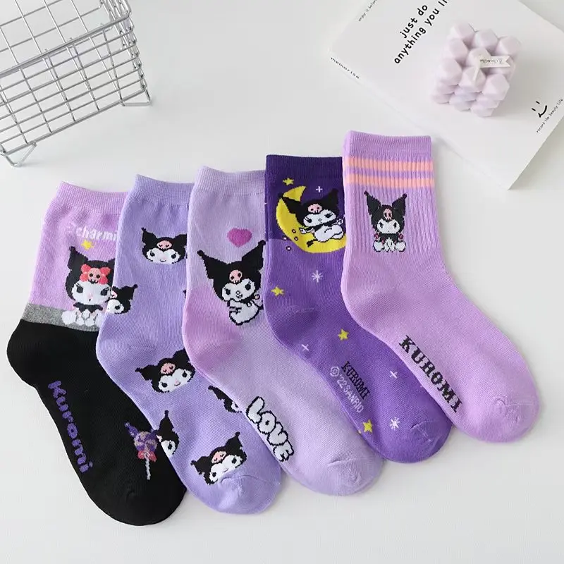 Sanrio Kuromi calcetines para niñas lindas medias de bruja púrpura peinado exquisito algodón lindo dibujos animados deportes calcetines de tubo medio