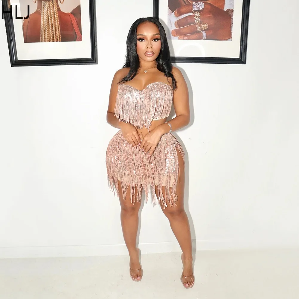 HLJ Fashion Tassel Patchwork Two Piece Outfits Woman Sleeveless Backless Crop Top and Skirt Matching Female Streetwear Clothing