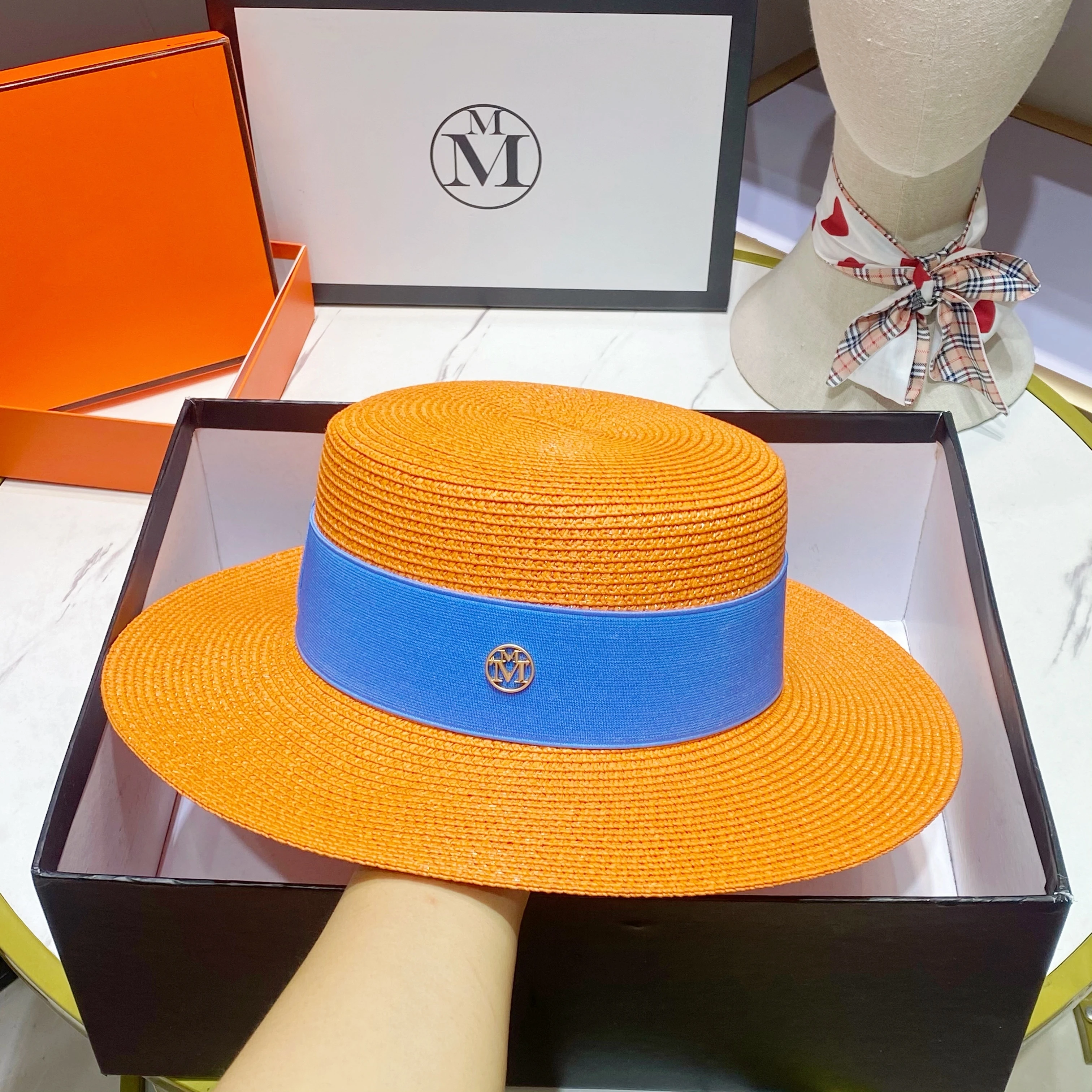 2023 New Straw hat 7cm brim color elastic webbing accessories for women\'s summer flat top straw hat gorras para mujer шляпа