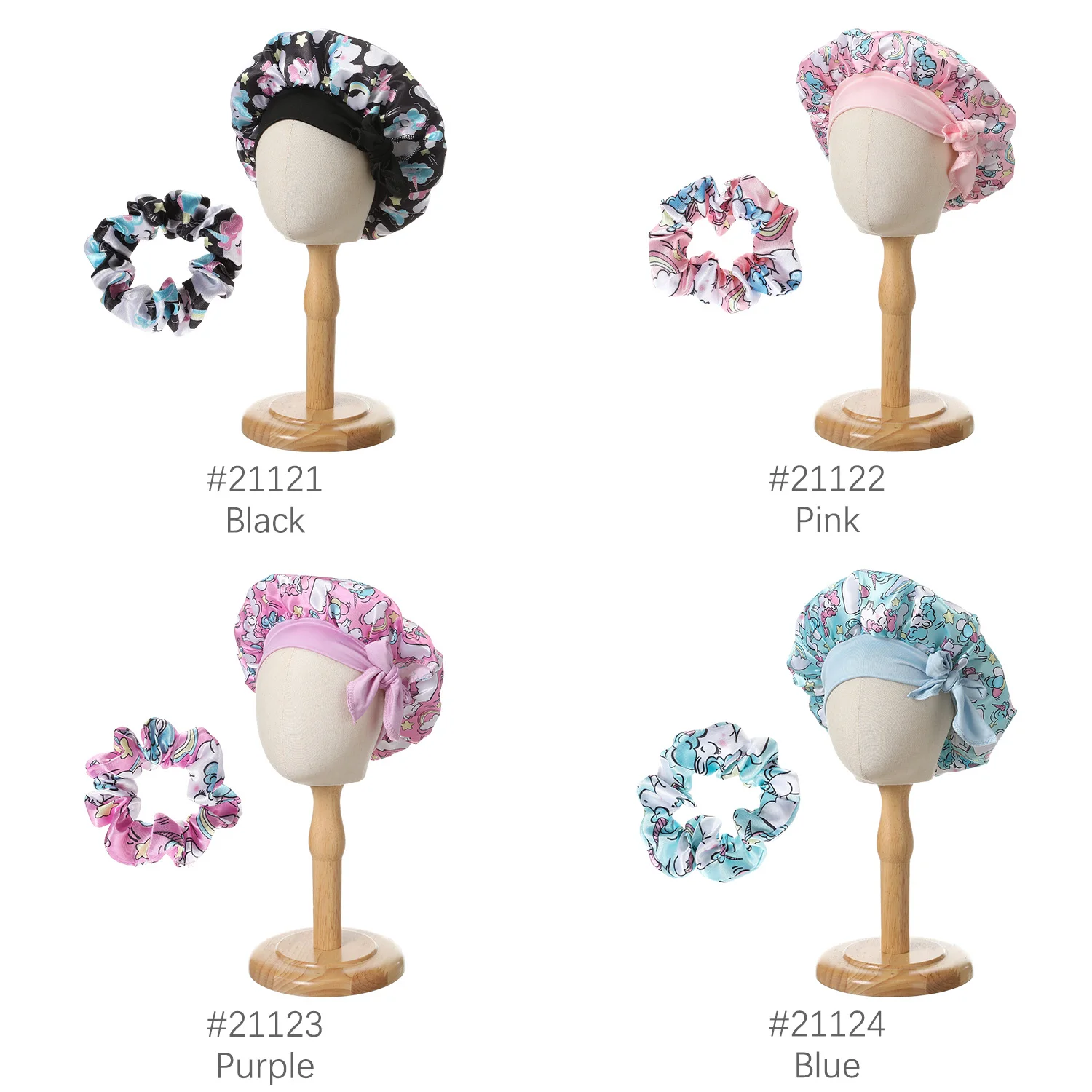 New Kids Unicorn Satin Bonnet Wide Elastic Band Ribbon Sleeping Cap Curly Natural Hair Child Night Caps Shower Cap Headscarf