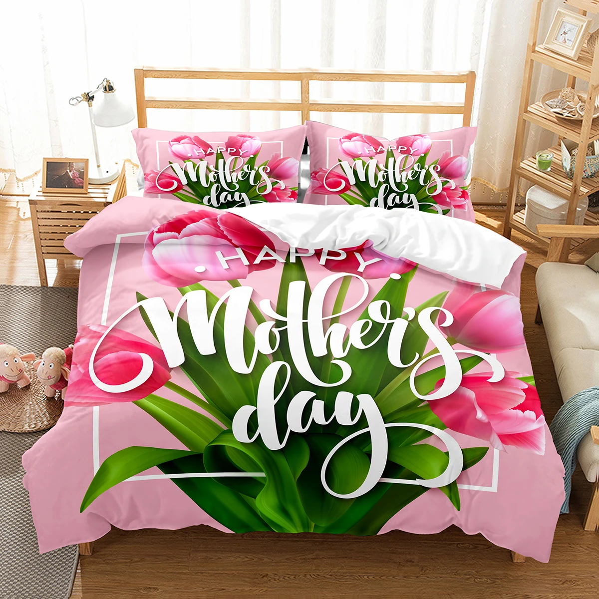 Romantic Floral Duvet Cover Set Happy Women's Day Bedding Set Polyester March 8 Comforter Cover Single King Size For Mother Gift
