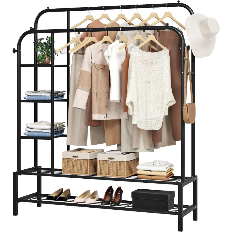 

Double Rods Portable Garment Rack for Hanging Clothes, 49.4 * 64.7 Inch Metal Clothing Rack with Bottom Shelves and 4 Hooks,