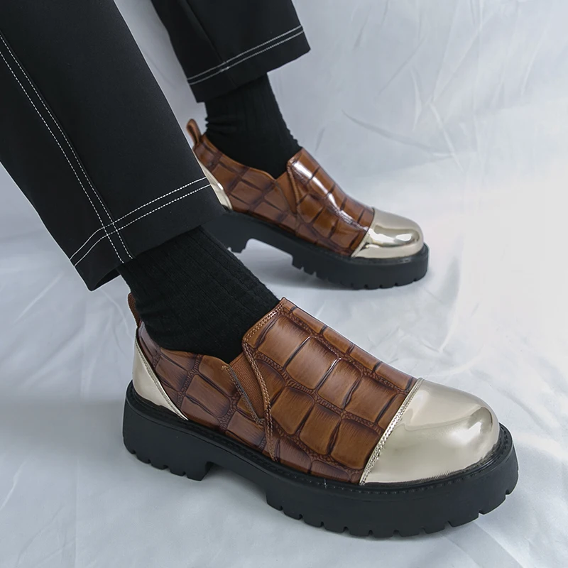 Fashion Retro Men's Casual Leather Shoes Classic British Style Platform Loafers Man Slip-on Thick Sole Heightened Shoes Big Size