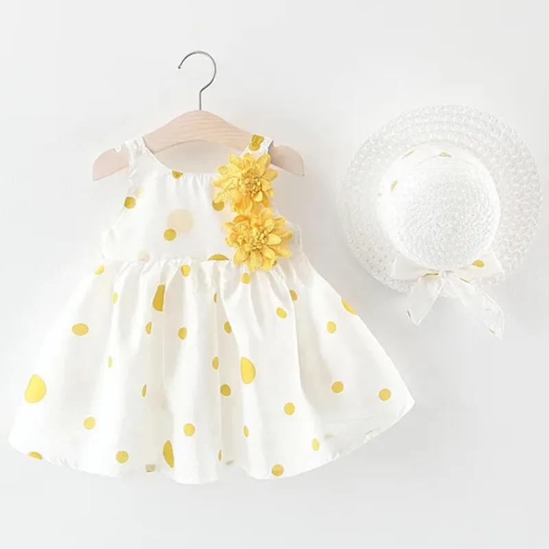 Vêtements d'été pour nouveau-nés filles, 2 pièces, mode coréenne, robes de bébé en coton sans manches à pois + chapeau de soleil, robe de princesse pour tout-petits B204