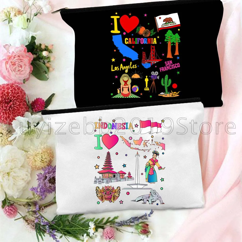 American Brazil India Mexico Russia Nigeria Ethiopia Hand Drawn Flag Map Canvas Bag Cosmetic Makeup Bag Pencil Case Zipper Pouch