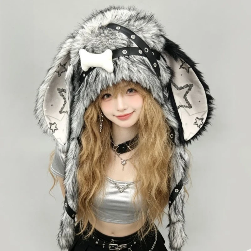 y2kゴシックパンク風、星柄と骨の装飾が施された、かわいいウサギ耳の帽子。ふわふわで暖かく、冬にぴったりのフード付き帽子。eガールのコスプレやプレゼントに最適。