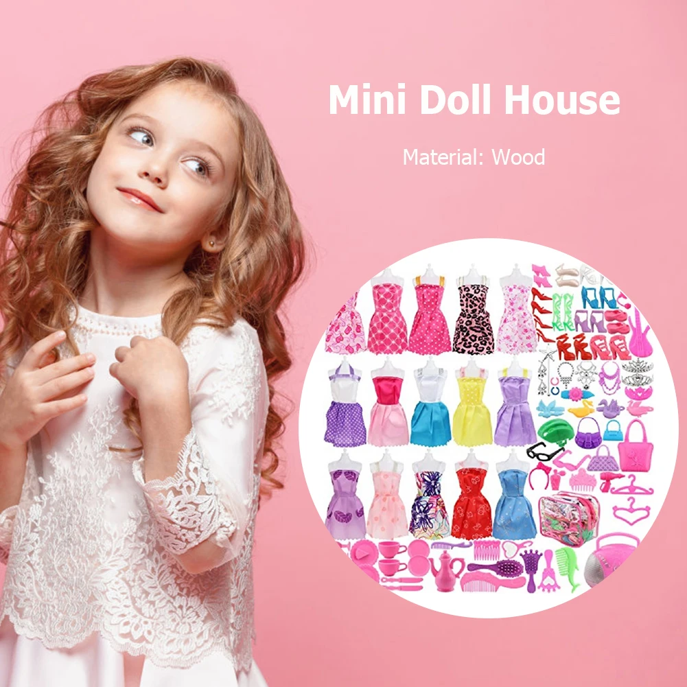 106pcs Random Color Handmade Doll Shoes Boots Mini Dress Handbag Outfit Rack DIY Dollhouse Toy Accessory Christmas Birthday Gift