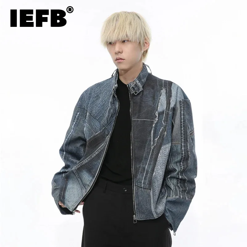 

IEFB Denim Jacket Men's 2024 Summer New Contrast Color Stitching Design Unique Trend Loose Washed Zipper Loose Niche 9C5727