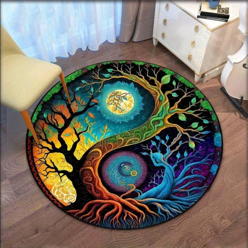 Round Crystal Velvet Rug Yin Yang Tree of Life Mandala Art Floor Mat Spiritual Meditation Room Decor Psychedelic Colorful Design
