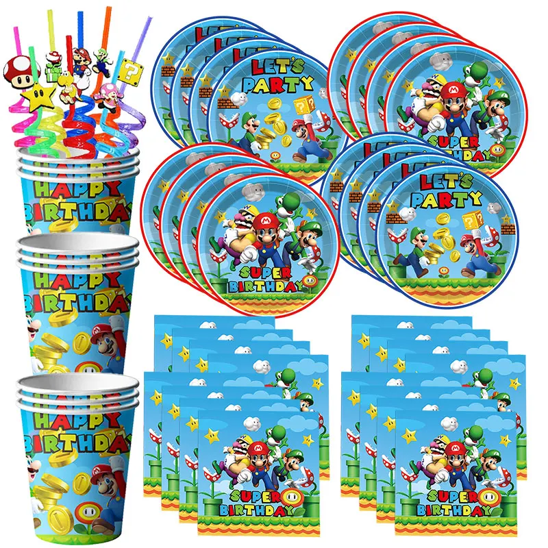 Super Mario Bros Birthday Party Decoration Game Mario Brother Theme Tableware Straw Cup Plates Balloons Party Supplies Kids Toy