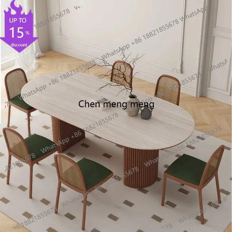 

M178 French retro solid wood dining table with travertine rock slab oval living room dining table