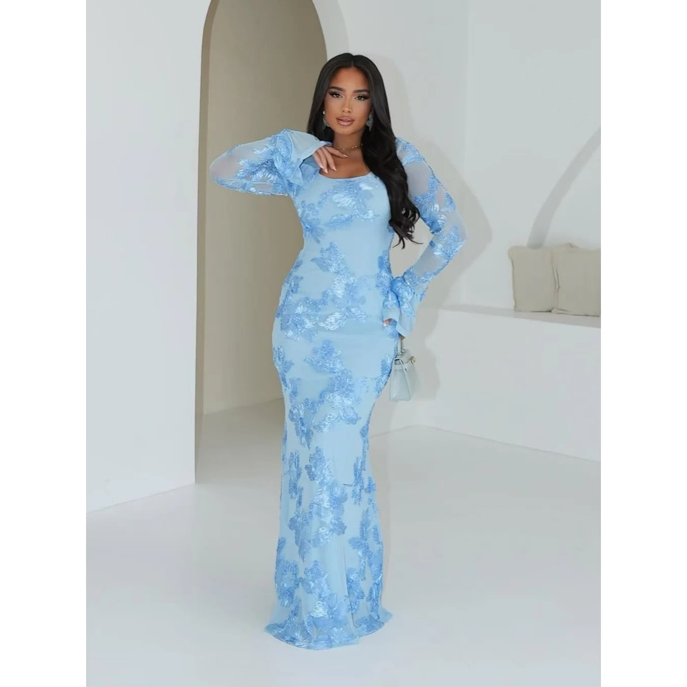 Sexy Faionable Bal Bell Sve Bodycon Dr Cintura Alta Fibra de Poliéster Longo Sve Ultra Or Vestido de Noite para Data