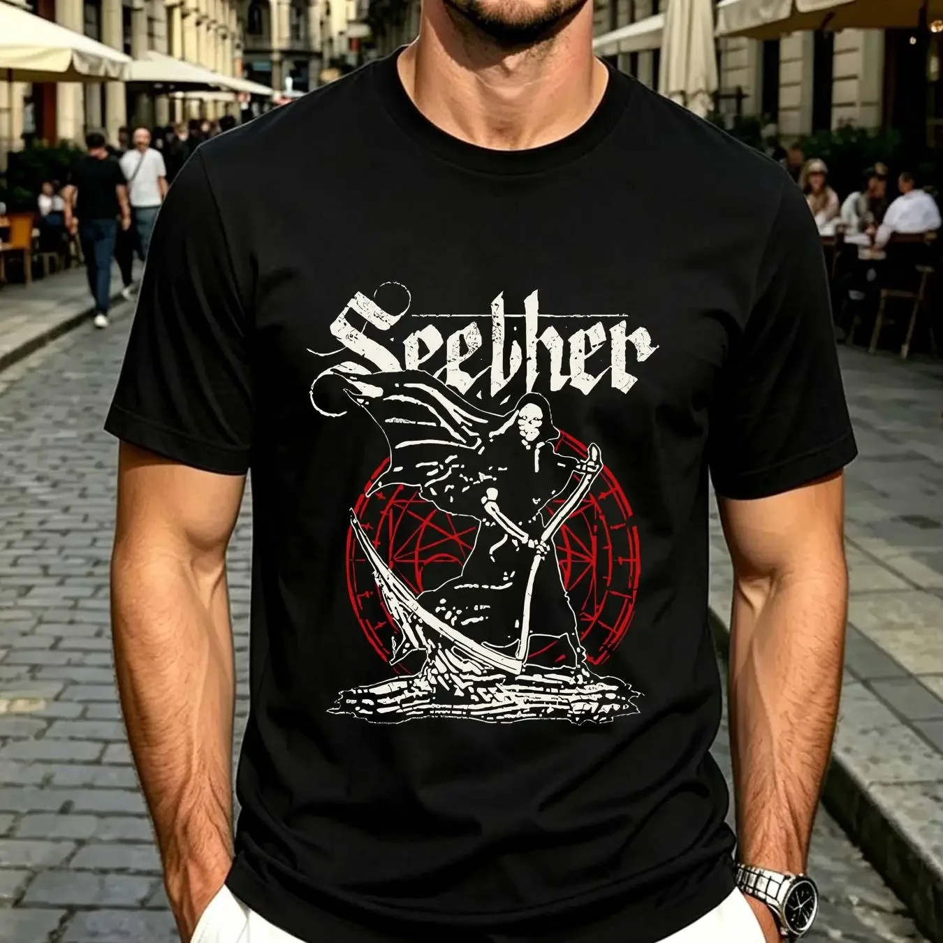 washed T Shirt Seether Reaper Licensed Rock N Roll Music Band  Black vintage Washed designer clothes Comfortable fashion homme