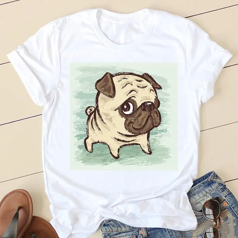 Women Sweet Love Pug T-shirts Ladies Fashion Clothing Short Sleeve Cartoon Clothes Spring Summer Female Tee Graphic Tshirt