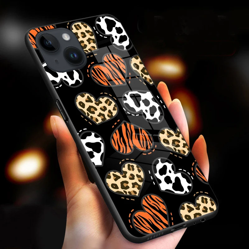 Wild Love Leopard Phone Case For Apple Iphone 16 15 14 13 12 11 Plus Pro Max Mini Cases Tempered Glass Phone Cover Shockproof