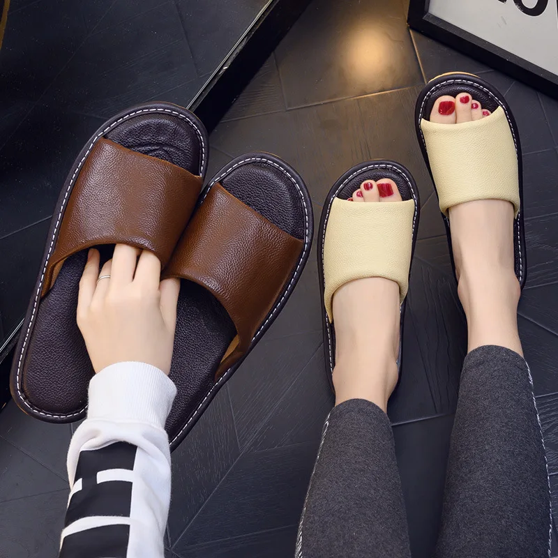 Cowhide sandals and slippers genuine leather for men and women indoor anti slip soft sole for home use comfortable and breathabl