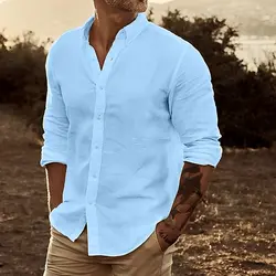 2024 solid color button down shirt linen shirt simple comfortable breathable soft blue white street t-shirt European size