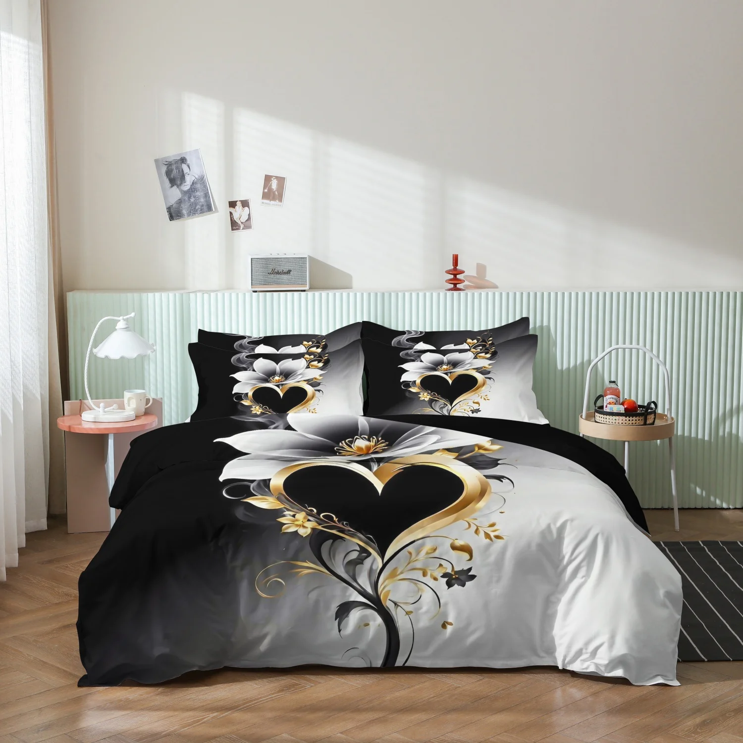 3Pcs Romantic Golden Heart Floral Duvet Cover Set, Black White Magnolia Golden Vine Printed Bedding, Multiple Sizes Available