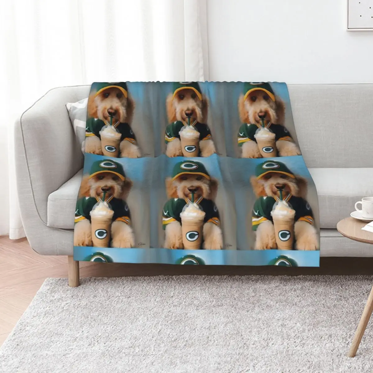 

Funny Coffee Drinking Labradoodle Dog in Baseball Hat and Football Shirt Throw Blanket Kid'S Luxury Thicken Bed covers Blankets