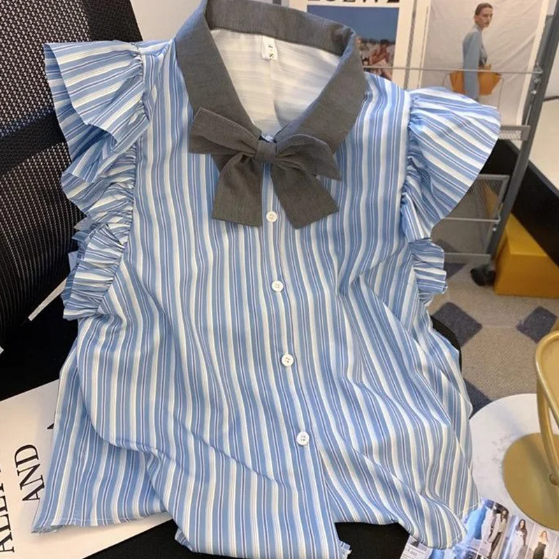

Sweet Bow Turn-down Collar Striped Blouse Female Summer Preppy Style Patchwork Cardigan Sleeveless Shirts Women Clothes Top Tee