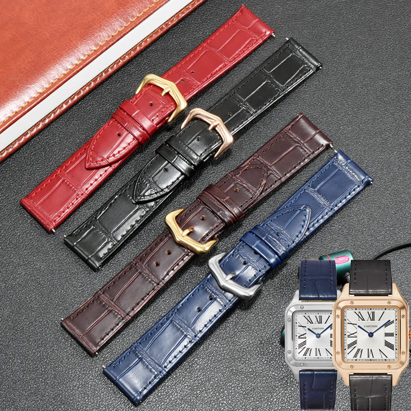 Genuine Leather Watchband With Substitute Tank Wine Barrel SANTOS Dumont Series  Cowhide Strap 16/17/18/19/20/21/22/23/24mm