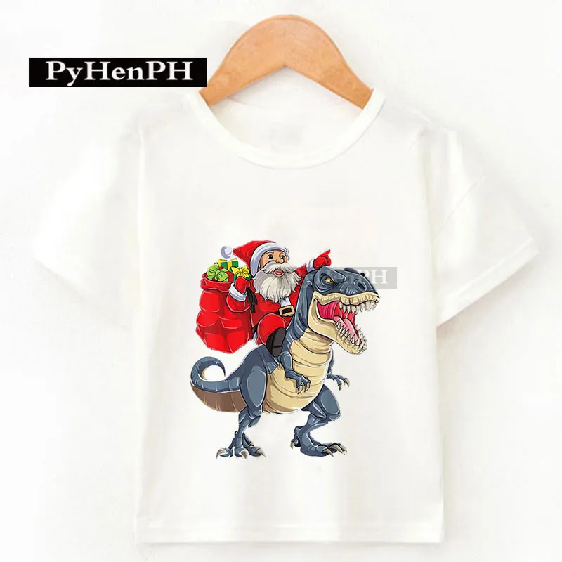 New Children's Christmas T-shirt Cartoon Santa Claus Dinosaur Print Casual Short-sleeved T-shirt Class Activity Clothes