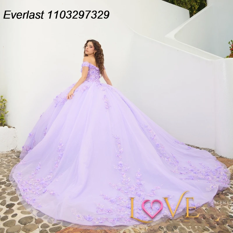 EVLAST Customized Levender Quinceanera Dress Ball Gown 3D Floral Applique Beaded Mexican Sweet 16 Vestidos De 15 Años TQD871