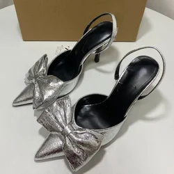 Luxury Brands Women Dress Shoes Large Size Elegant Bow Pointed Toe Summer Footwear Silver Party High Heeled Sandals for Ladies