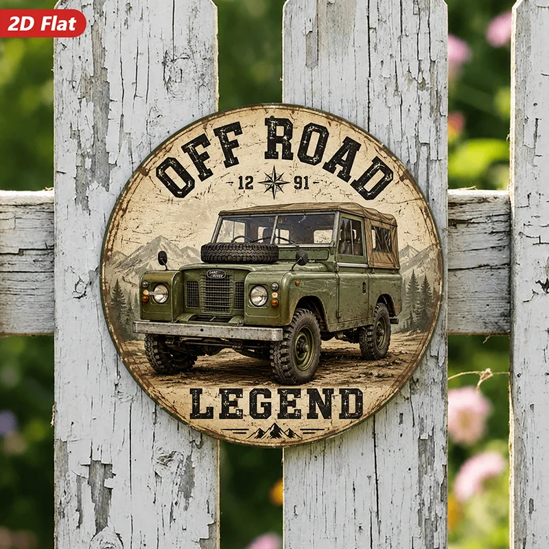 2D Flat, 1pc Off Road Legend Round Metal Sign Wall Art, Home Decor, Perfect for Living Room Garden Corner, Vintage Green Utility