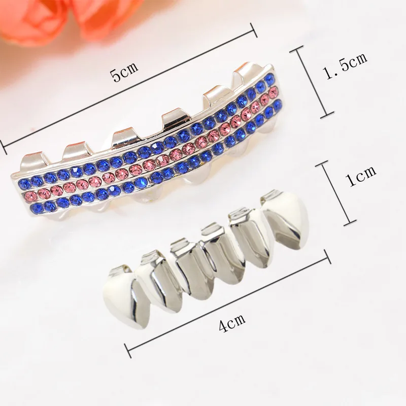 Hip Hop Dentes Grillz para Homens e Mulheres, Banhado a Prata, Zircão Brilhante, Tampas de Dente, Decoração Dentária, Jóias do corpo