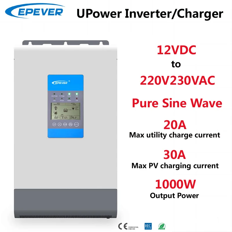 EPEVER UPower Series Inverter Charger 12V to 220V230V UP1000-M3212 With 30A MPPT Solar Charger Controller 20A Utility Charger