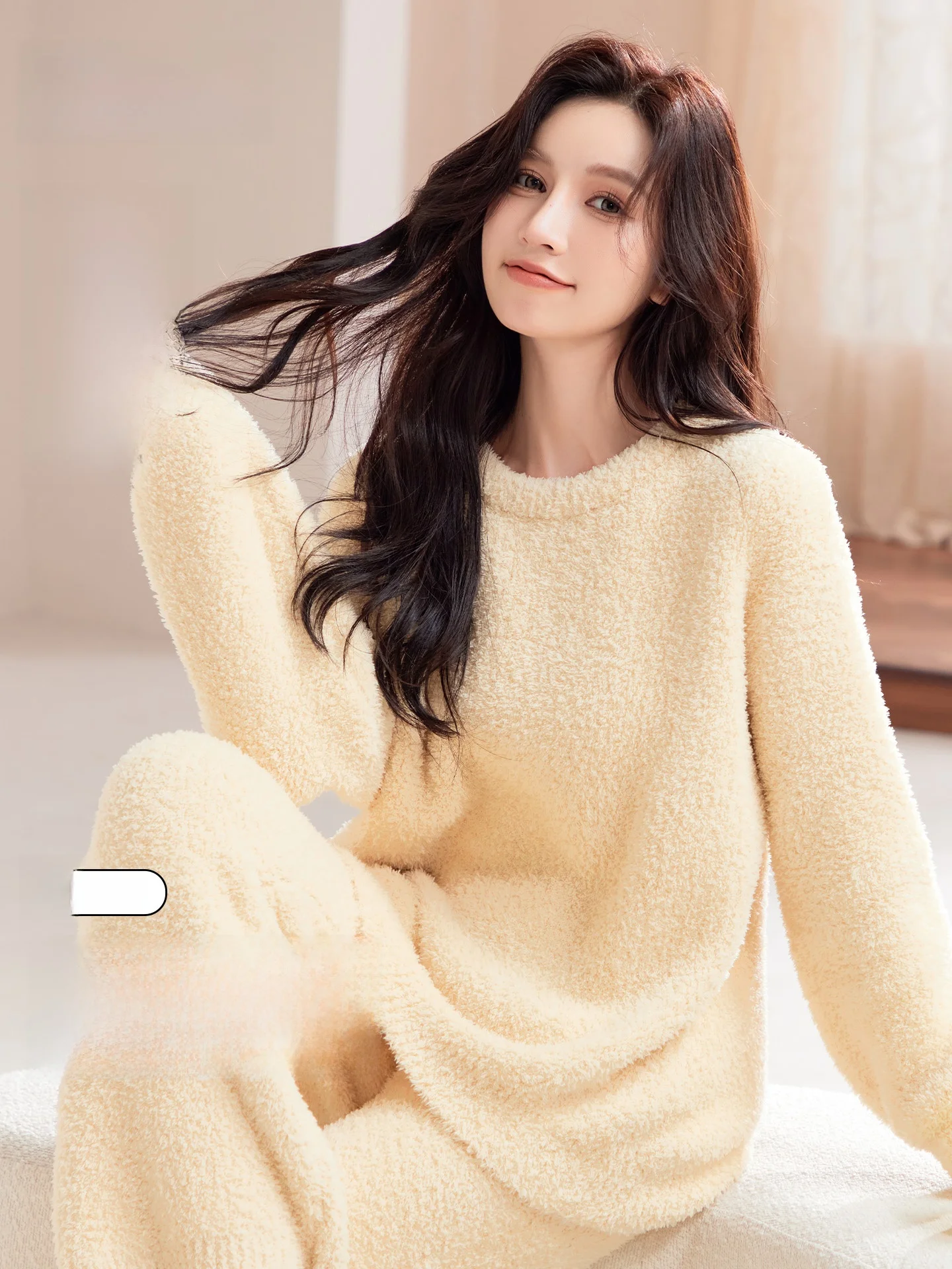 Ladies Winter Thickened Fleece Half Velvet Anti-Static Warm Home Clothes Sleepwear Simple Style Long Sleeve round Neck Pullover