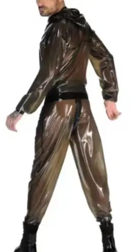 Fashion Latex  Gummi  Transparent Black Men's Latex Rubber Catsuit Latex Loose Hooded Jacket Fetish Cosplay Costume