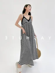 150kg Plus Size Striped Loose Maxi Dress 3XL Summer V-neck Sleeveless Nightgown Suspender Can Wear Outside Nightdress Homewear