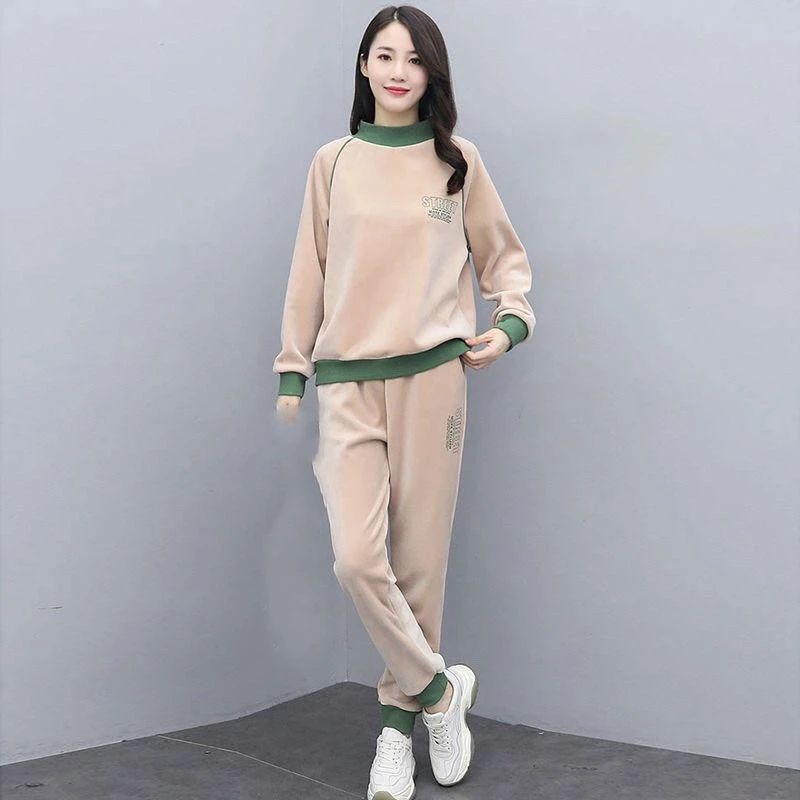 Women's Korean Style Color Block Velvet Tracksuit Autumn Winter Loose Slim Two Piece Set Casual Sport Sweatshirt Pants Outfit