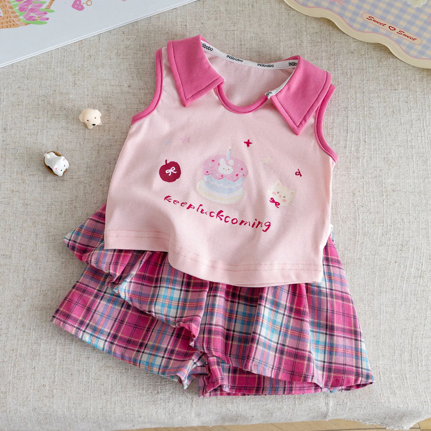 Girls Outfit Sets Summer Kids Casual Clothing For Girls Cartoon Tank Tops Shirts+plaid Skirts Children's Baby Clothes Princess