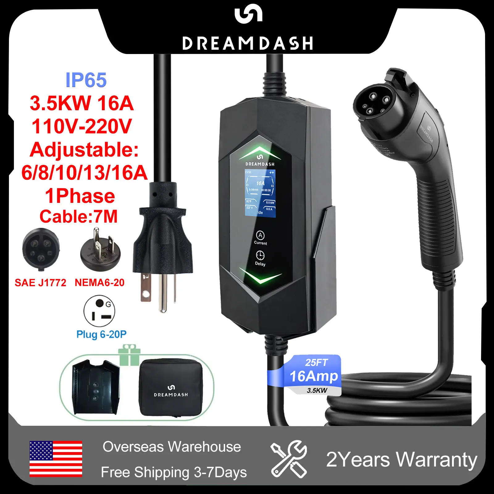 

Dreamdash Type1 Portable EV Charger 3.5KW SAE J1772 EVSE Charging 16A 1Phase For Electric Vehicle 7m Cable Current Adjustable