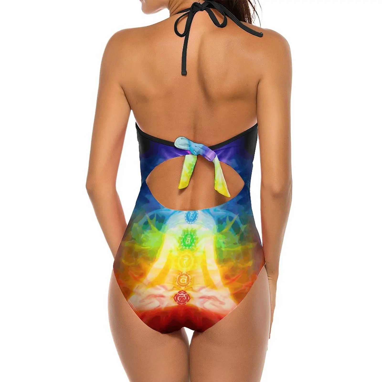 Chakras And Energy Flow On Human Body Art Photo Print Sexy Black Mesh One Piece Swimsuit Backless Cut Out Swimwear Women Swim