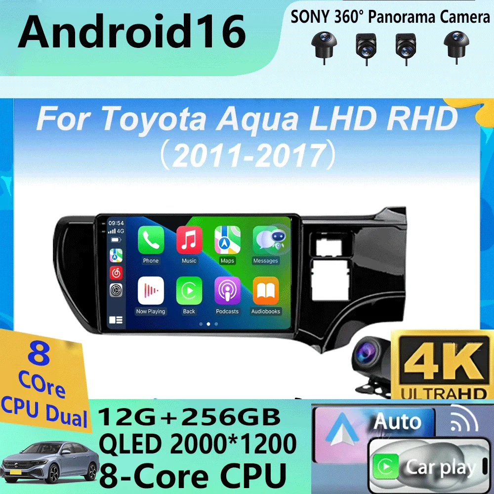 Android 16 Carplay Auto WIFI+4G Multimedia Car Radio Player For Toyota Aqua LHD RHD 2011 - 2017 Autoradio Stereo 2din Head Unit