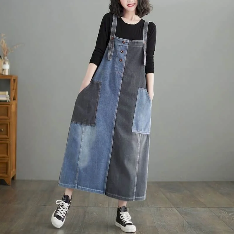 

Denim Strap Dress for Women Patchwork Sleeveless Casual Streetwear Fork Design Korean Style Oversized Retro Ankle Length Dress