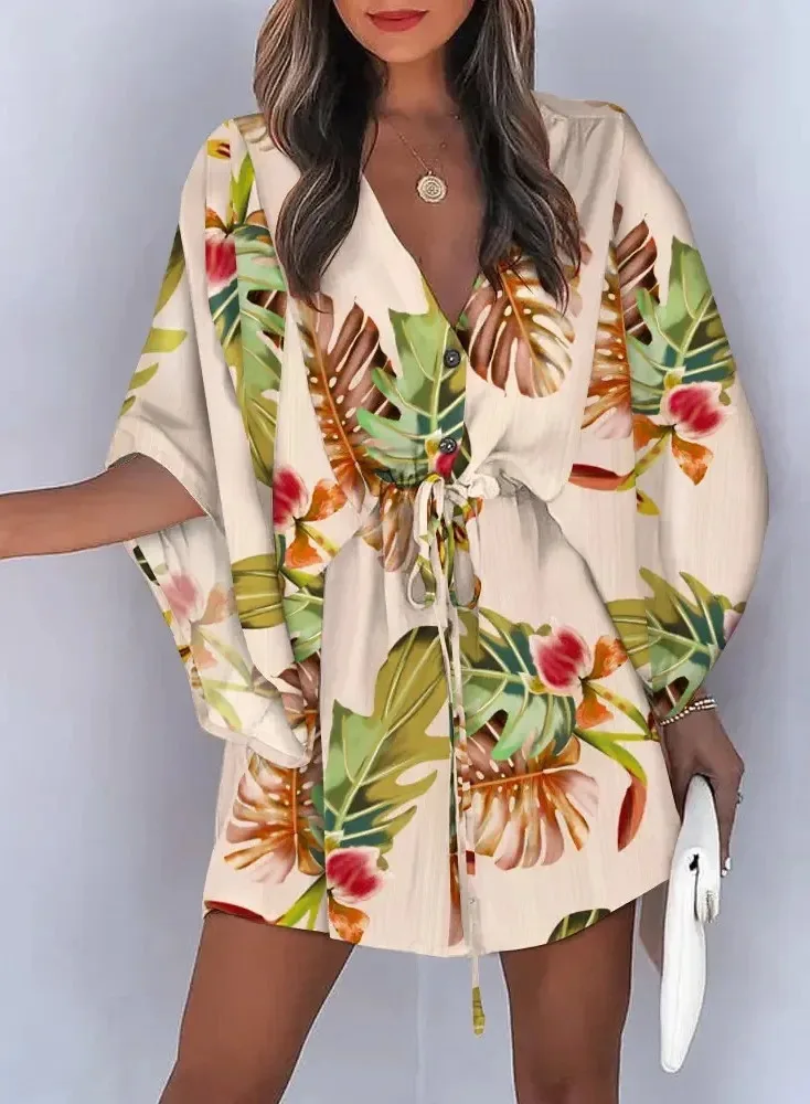 Sommer Kleid Für Frauen Neue Floral Print Fledermaus Halbe Hülse V-ausschnitt Rüschen Unregelmäßigen Saum Weibliche Kleid Casual Boho Frauen kleidung NS8Q
