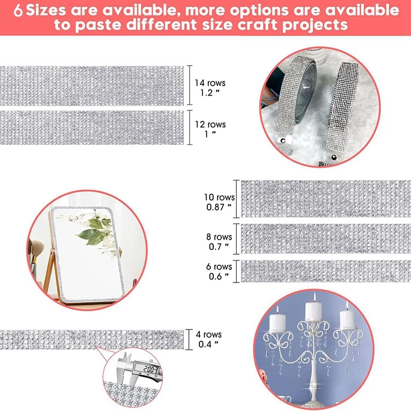 6 Rolls Rhinestone Ribbon Silver, Self Adhesive Diamond Crystal Bling Wrap Roll Glitter Jewelry Sticker Tape